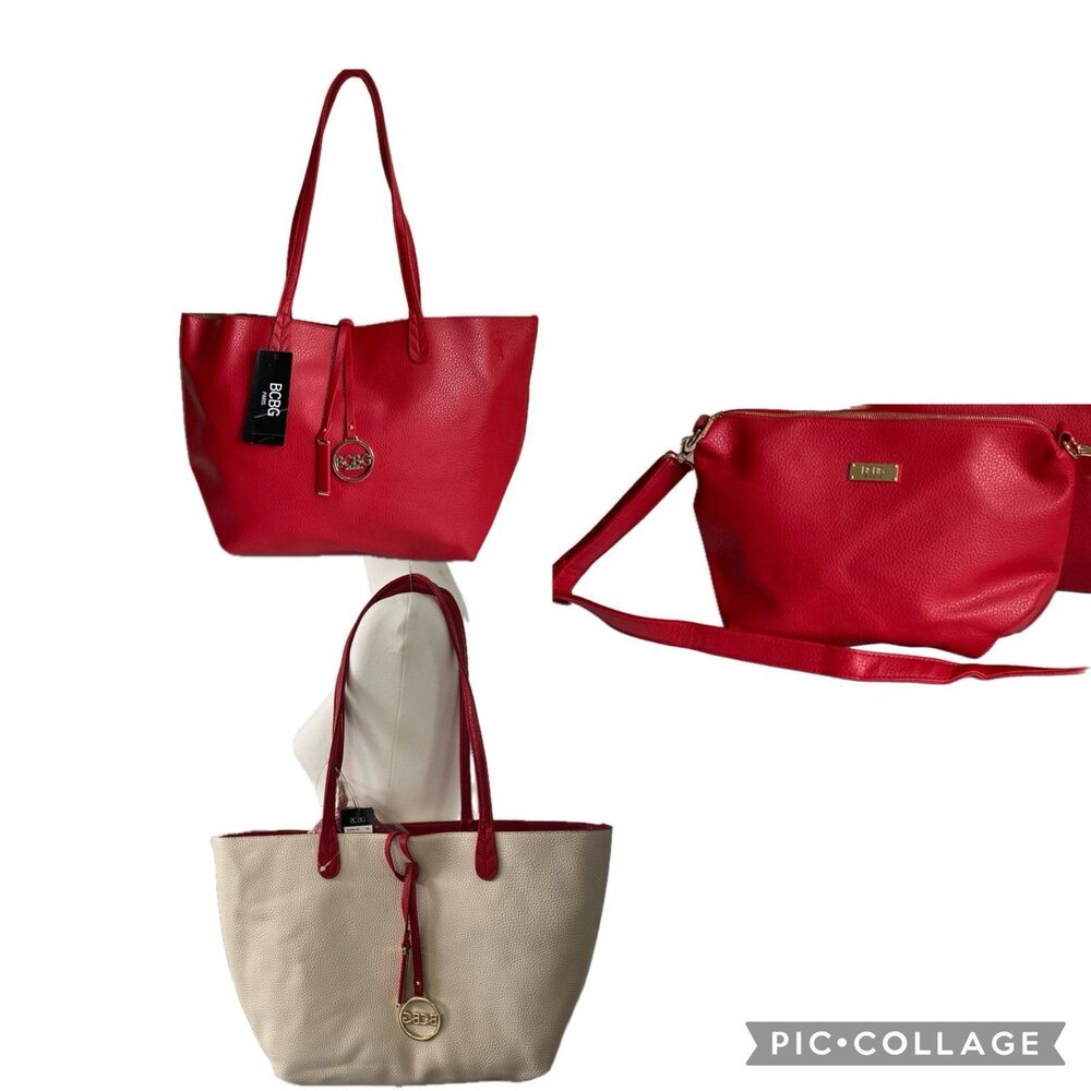 NWT BCBG PARIS WHITE AND RED REVERSIBLE TOTE & CROSSBODY BAG SET #307